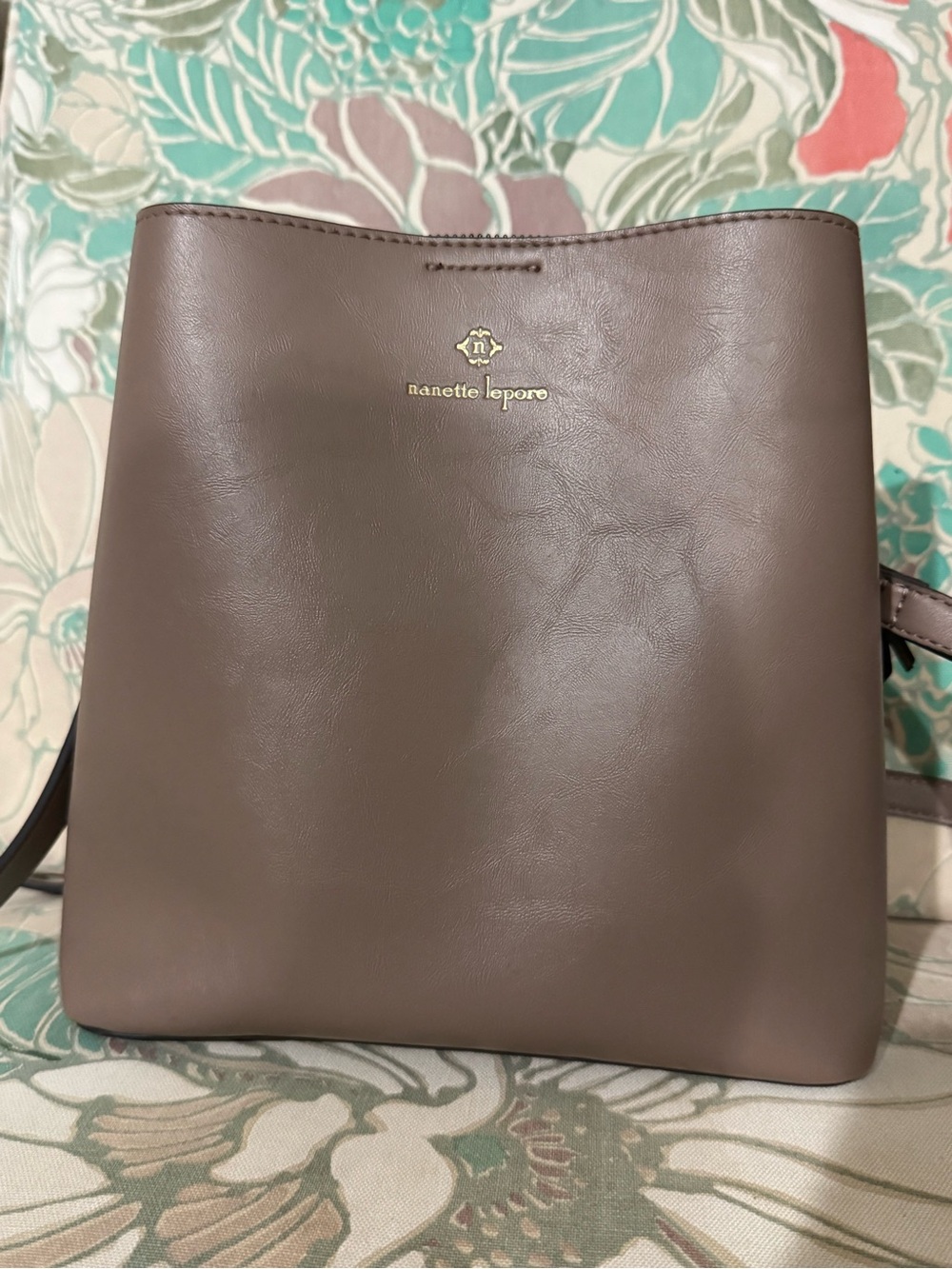 Nanette Lepore Taupe Leather Bucket Messenger Bag